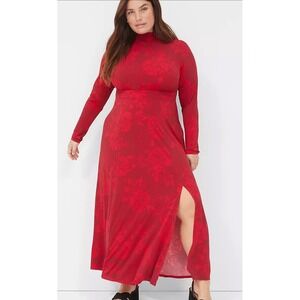 Lane Bryant Red Floral Maxi Dress Long Sleeve Mock Neck Tie Back Plus Size